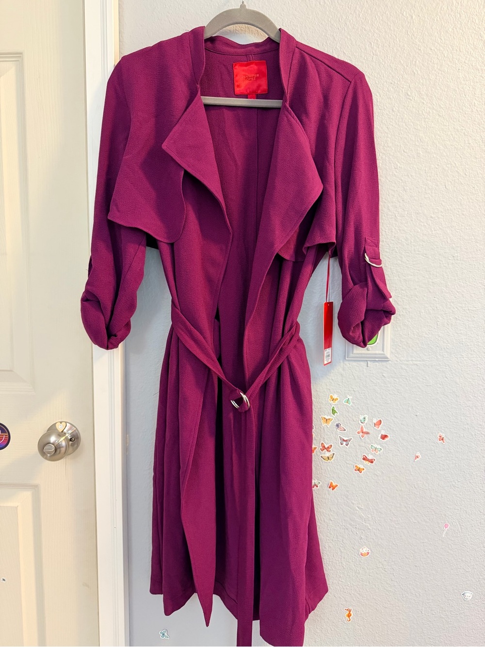 NWT Jennifer Lopez Magenta Long Sleeve Belted Trench Dress